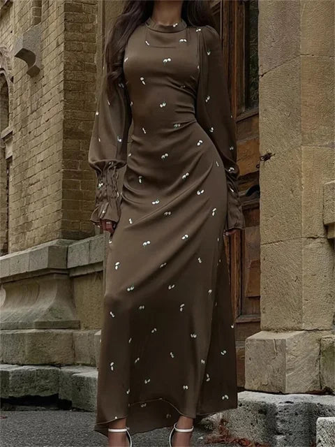 Printed Bandage Fashion Long Dress Ladies Elegant Satin High Street Party Dress Casual Long Sleeve Patchwork Maxi Dress
