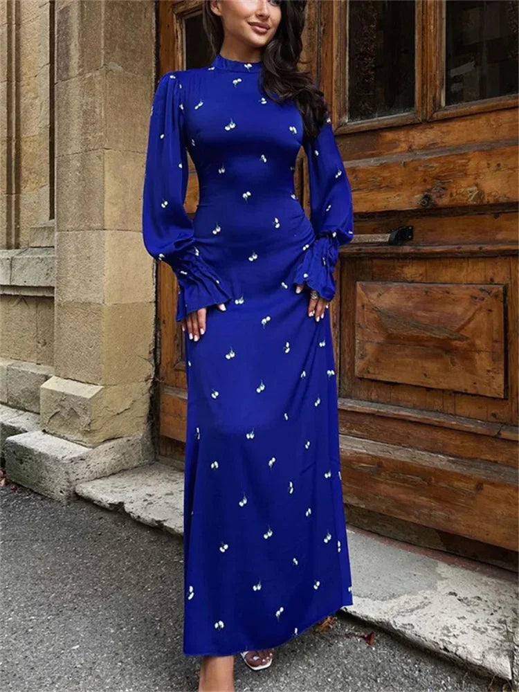 Printed Bandage Fashion Long Dress Ladies Elegant Satin High Street Party Dress Casual Long Sleeve Patchwork Maxi Dress