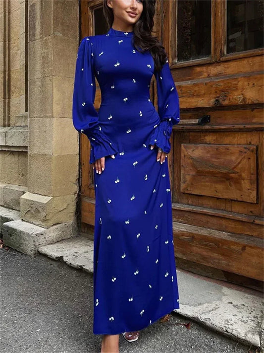 Printed Bandage Fashion Long Dress Ladies Elegant Satin High Street Party Dress Casual Long Sleeve Patchwork Maxi Dress