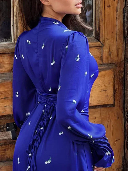 Printed Bandage Fashion Long Dress Ladies Elegant Satin High Street Party Dress Casual Long Sleeve Patchwork Maxi Dress