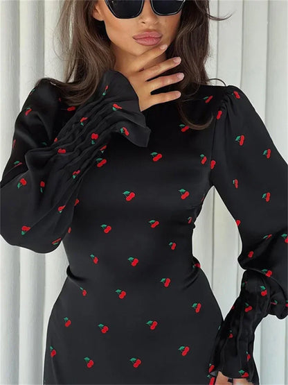 Printed Bandage Fashion Long Dress Ladies Elegant Satin High Street Party Dress Casual Long Sleeve Patchwork Maxi Dress