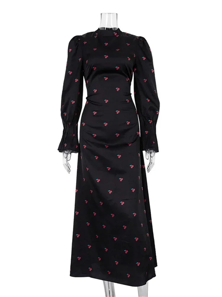 Printed Bandage Fashion Long Dress Ladies Elegant Satin High Street Party Dress Casual Long Sleeve Patchwork Maxi Dress