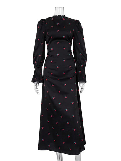 Printed Bandage Fashion Long Dress Ladies Elegant Satin High Street Party Dress Casual Long Sleeve Patchwork Maxi Dress