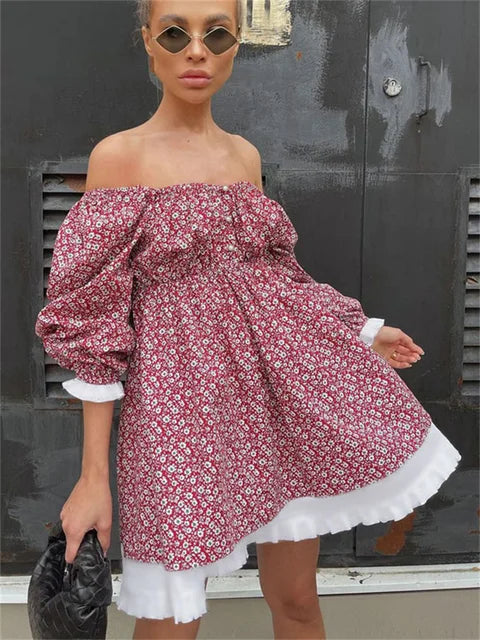 Printed Off-Shoulder Ruffled Mini Dress For women Square Collar Fashion Casual Elegant Party Dress Evening Mini Dress 2025