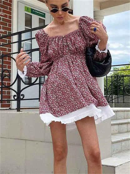 Printed Off-Shoulder Ruffled Mini Dress For women Square Collar Fashion Casual Elegant Party Dress Evening Mini Dress 2025