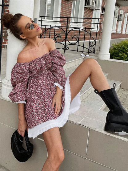 Printed Off-Shoulder Ruffled Mini Dress For women Square Collar Fashion Casual Elegant Party Dress Evening Mini Dress 2025