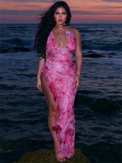 Vestido midi estampado con volantes y cordones para mujer, de malla con retazos, sin espalda, elegante, de fiesta, ajustado, a la moda, con escote en V, falda de tul sexy