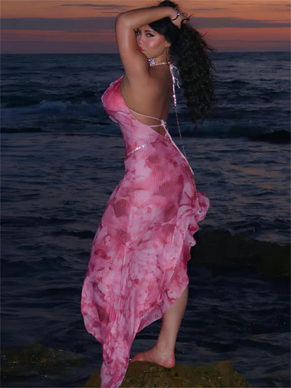 Vestido midi estampado con volantes y cordones para mujer, de malla con retazos, sin espalda, elegante, de fiesta, ajustado, a la moda, con escote en V, falda de tul sexy