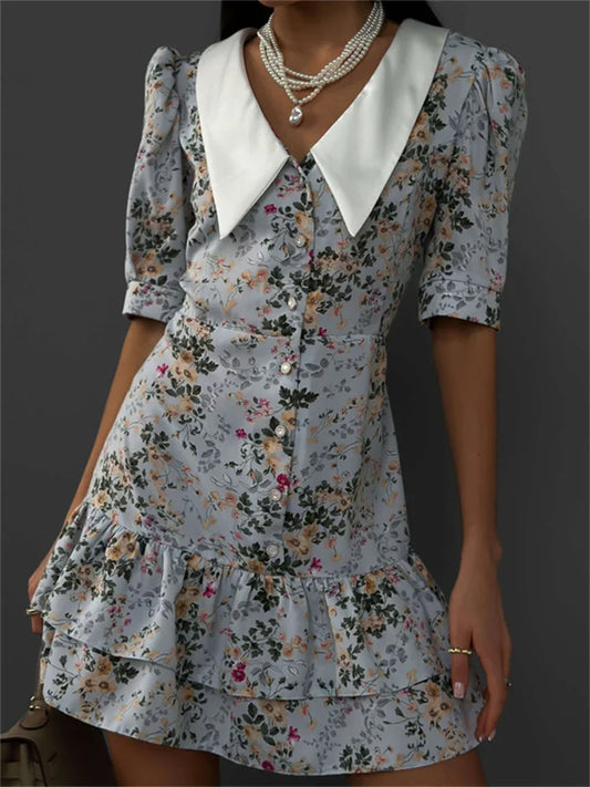Vestido mini estampado con volantes y escote en V para mujer, manga corta, moda, ajustado, cintura alta, elegante, vestido de fiesta de verano para mujer, nuevo