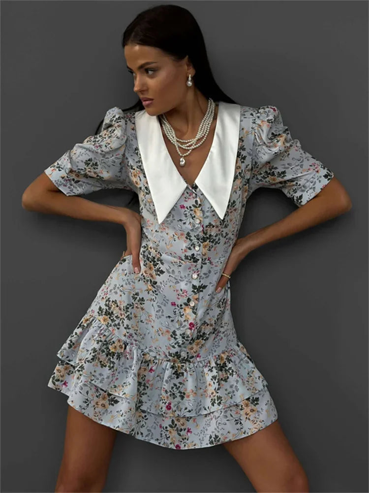 Vestido mini estampado con volantes y escote en V para mujer, manga corta, moda, ajustado, cintura alta, elegante, vestido de fiesta de verano para mujer, nuevo