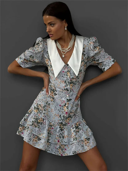 Vestido mini estampado con volantes y escote en V para mujer, manga corta, moda, ajustado, cintura alta, elegante, vestido de fiesta de verano para mujer, nuevo
