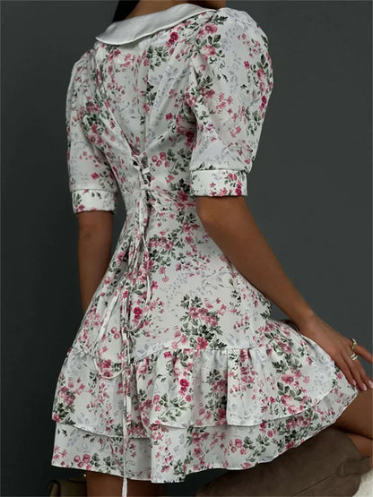 Vestido mini estampado con volantes y escote en V para mujer, manga corta, moda, ajustado, cintura alta, elegante, vestido de fiesta de verano para mujer, nuevo