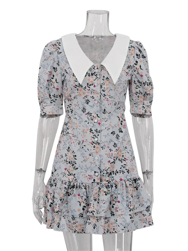 Vestido mini estampado con volantes y escote en V para mujer, manga corta, moda, ajustado, cintura alta, elegante, vestido de fiesta de verano para mujer, nuevo