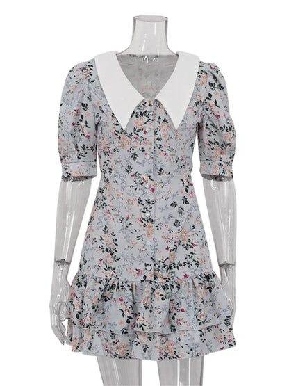 Vestido mini estampado con volantes y escote en V para mujer, manga corta, moda, ajustado, cintura alta, elegante, vestido de fiesta de verano para mujer, nuevo