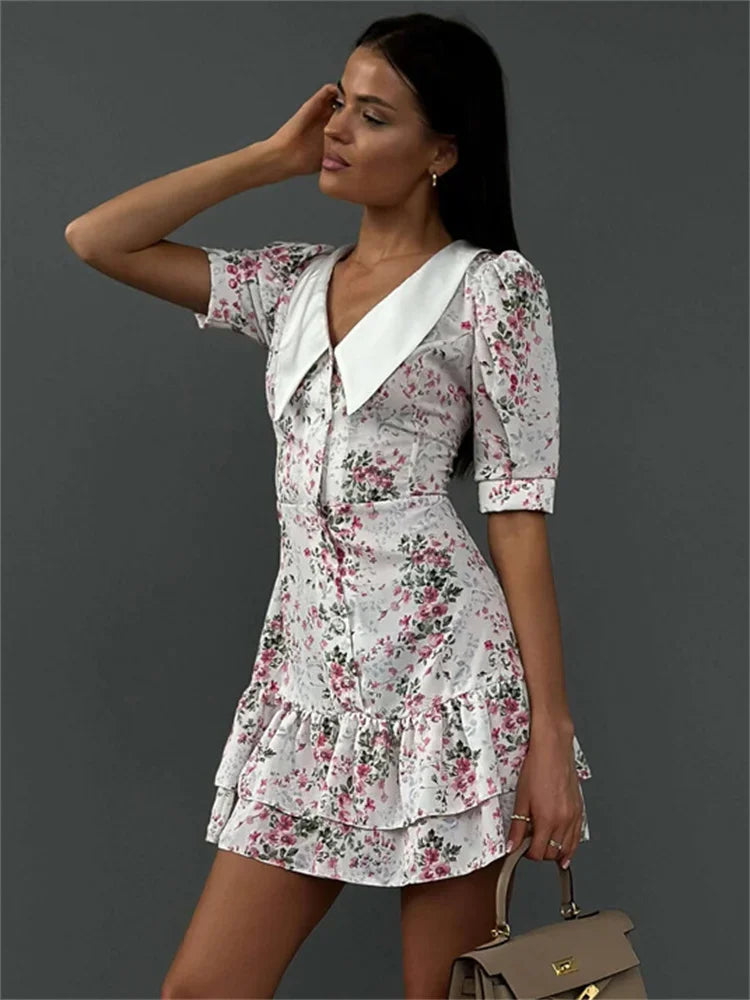 Vestido mini estampado con volantes y escote en V para mujer, manga corta, moda, ajustado, cintura alta, elegante, vestido de fiesta de verano para mujer, nuevo