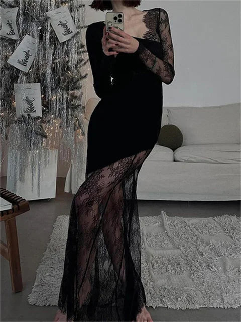 Printed See-Through Black Maxi Dress Women High Waist Lace Slim Mesh Patchwork Sexy Long Dress Party Looks Female Dress