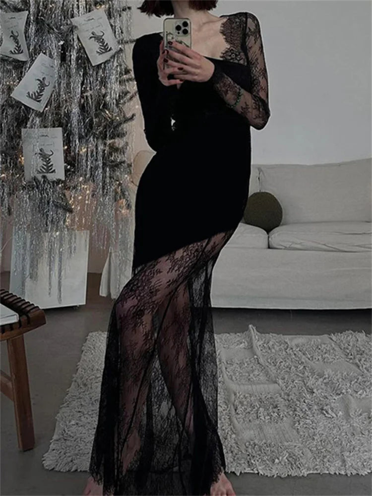 Printed See-Through Black Maxi Dress Women High Waist Lace Slim Mesh Patchwork Sexy Long Dress Party Looks Female Dress