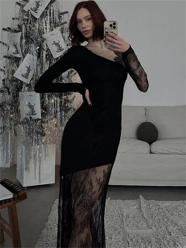 Printed See-Through Black Maxi Dress Women High Waist Lace Slim Mesh Patchwork Sexy Long Dress Party Looks Female Dress
