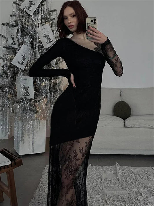 Printed See-Through Black Maxi Dress Women High Waist Lace Slim Mesh Patchwork Sexy Long Dress Party Looks Female Dress