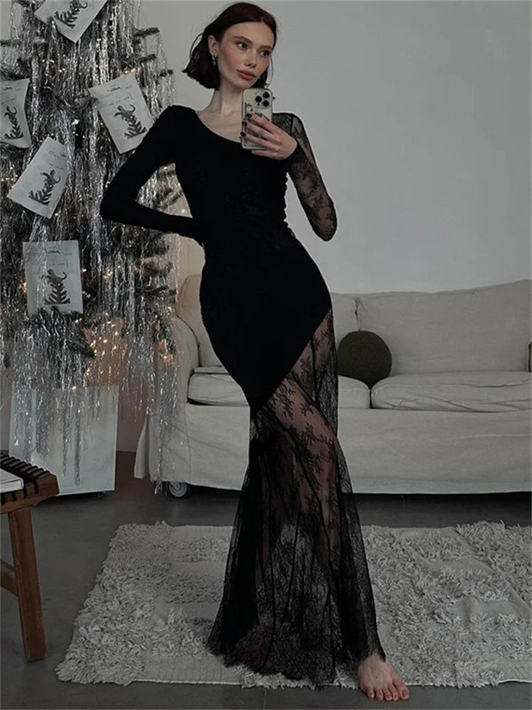 Printed See-Through Black Maxi Dress Women High Waist Lace Slim Mesh Patchwork Sexy Long Dress Party Looks Female Dress