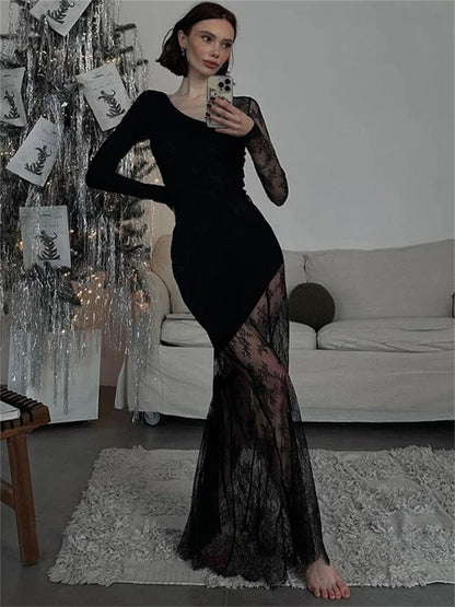 Printed See-Through Black Maxi Dress Women High Waist Lace Slim Mesh Patchwork Sexy Long Dress Party Looks Female Dress