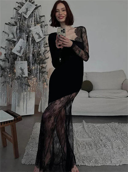 Printed See-Through Black Maxi Dress Women High Waist Lace Slim Mesh Patchwork Sexy Long Dress Party Looks Female Dress