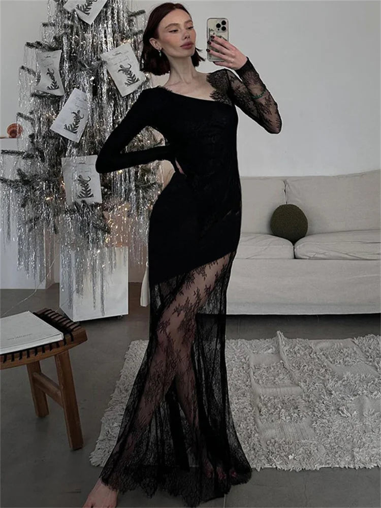 Printed See-Through Black Maxi Dress Women High Waist Lace Slim Mesh Patchwork Sexy Long Dress Party Looks Female Dress