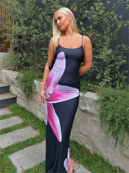 Printed Spaghetti Hot Backless Maxi Dress – Women’s Fashion Slim Elegant Contrast Patchwork Halter Autumn Long Dress