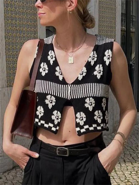 Printed Vintage Fashion Cropped Top Vest – Contrast Sleeveless V-Neck Tank Top for Women