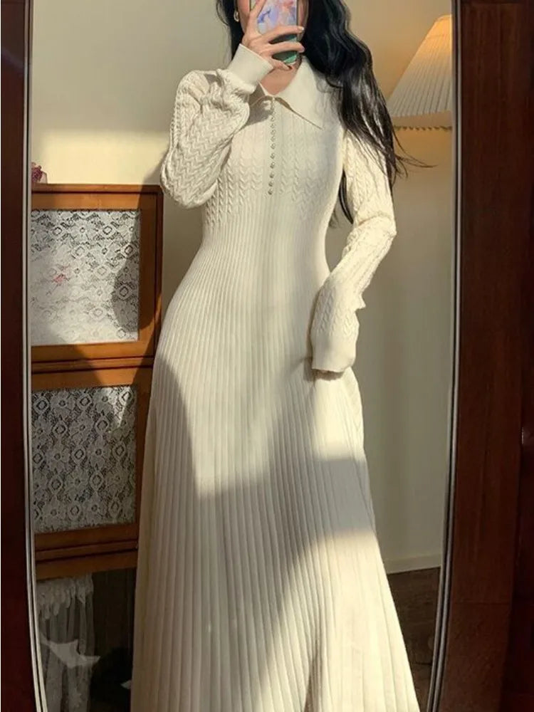 Ribbed Autumn Knit Long Dress For Women Fashion High Waist Elegant Solid Long Sleeve Dress Lapel Loose Knitwear Maxi Dress