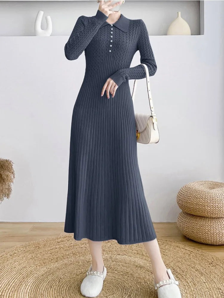 Ribbed Autumn Knit Long Dress For Women Fashion High Waist Elegant Solid Long Sleeve Dress Lapel Loose Knitwear Maxi Dress
