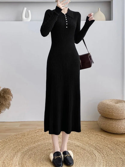 Ribbed Autumn Knit Long Dress For Women Fashion High Waist Elegant Solid Long Sleeve Dress Lapel Loose Knitwear Maxi Dress