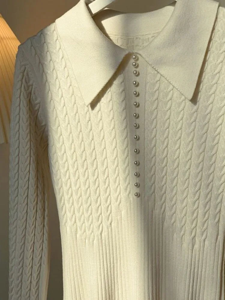 Ribbed Autumn Knit Long Dress For Women Fashion High Waist Elegant Solid Long Sleeve Dress Lapel Loose Knitwear Maxi Dress