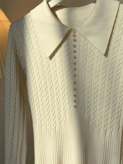Ribbed Autumn Knit Long Dress For Women Fashion High Waist Elegant Solid Long Sleeve Dress Lapel Loose Knitwear Maxi Dress