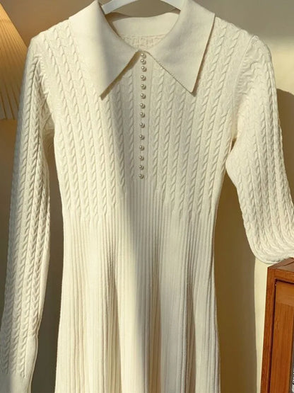 Ribbed Autumn Knit Long Dress For Women Fashion High Waist Elegant Solid Long Sleeve Dress Lapel Loose Knitwear Maxi Dress