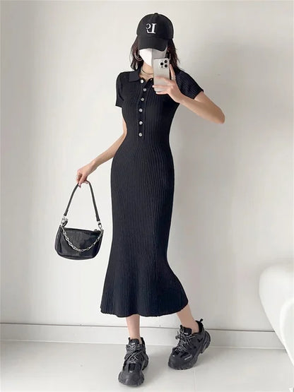 Ribbed High Waist Slim Maxi Dress For Women Knitwear Lapel Casual Elegant Party Dress Gown Fashion Short Sleeve Knit Dress