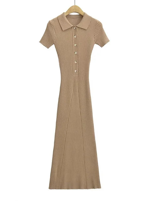 Ribbed High Waist Slim Maxi Dress For Women Knitwear Lapel Casual Elegant Party Dress Gown Fashion Short Sleeve Knit Dress