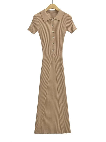 Ribbed High Waist Slim Maxi Dress For Women Knitwear Lapel Casual Elegant Party Dress Gown Fashion Short Sleeve Knit Dress