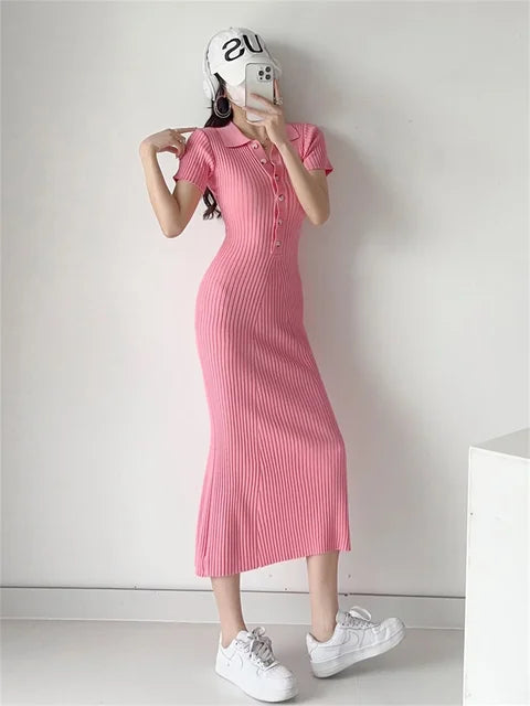 Ribbed High Waist Slim Maxi Dress For Women Knitwear Lapel Casual Elegant Party Dress Gown Fashion Short Sleeve Knit Dress