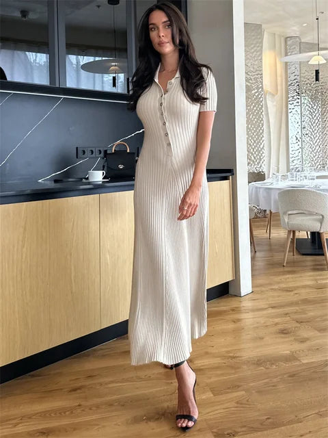 Ribbed High Waist Slim Maxi Dress For Women Knitwear Lapel Casual Elegant Party Dress Gown Fashion Short Sleeve Knit Dress