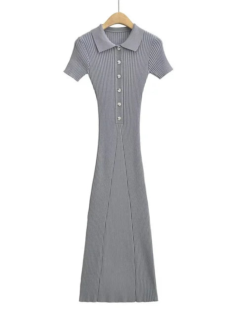 Ribbed High Waist Slim Maxi Dress For Women Knitwear Lapel Casual Elegant Party Dress Gown Fashion Short Sleeve Knit Dress