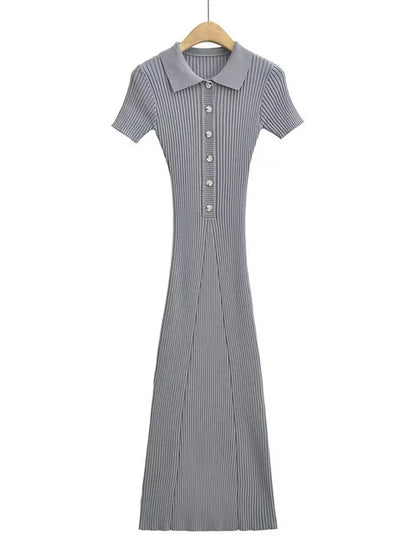 Ribbed High Waist Slim Maxi Dress For Women Knitwear Lapel Casual Elegant Party Dress Gown Fashion Short Sleeve Knit Dress