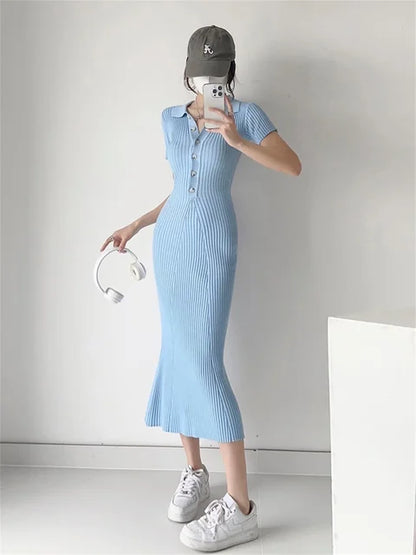 Ribbed High Waist Slim Maxi Dress For Women Knitwear Lapel Casual Elegant Party Dress Gown Fashion Short Sleeve Knit Dress