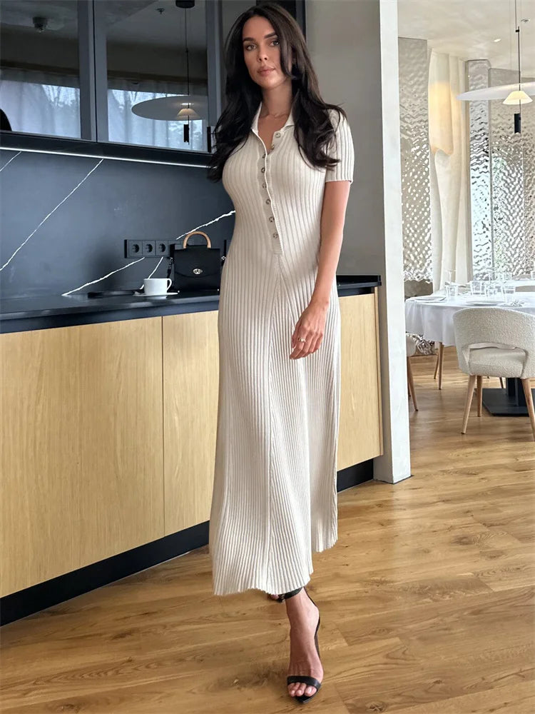 Ribbed High Waist Slim Maxi Dress For Women Knitwear Lapel Casual Elegant Party Dress Gown Fashion Short Sleeve Knit Dress