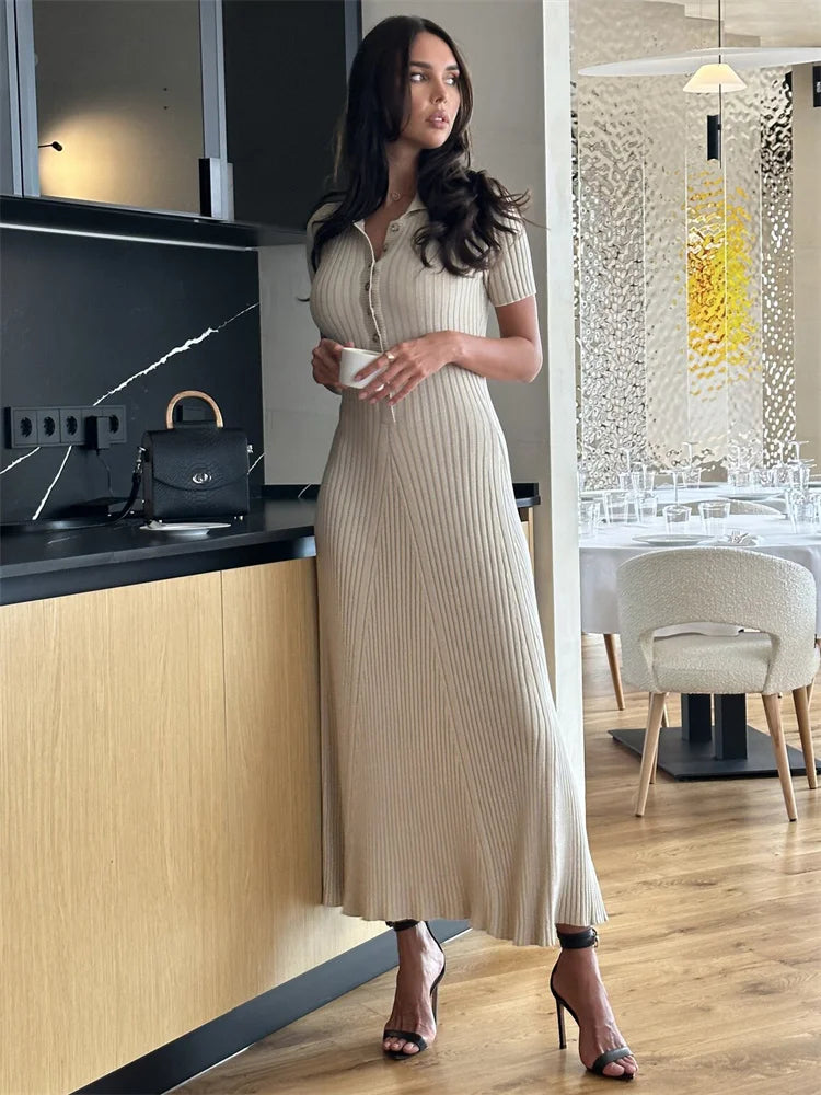 Ribbed High Waist Slim Maxi Dress For Women Knitwear Lapel Casual Elegant Party Dress Gown Fashion Short Sleeve Knit Dress