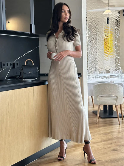 Ribbed High Waist Slim Maxi Dress For Women Knitwear Lapel Casual Elegant Party Dress Gown Fashion Short Sleeve Knit Dress