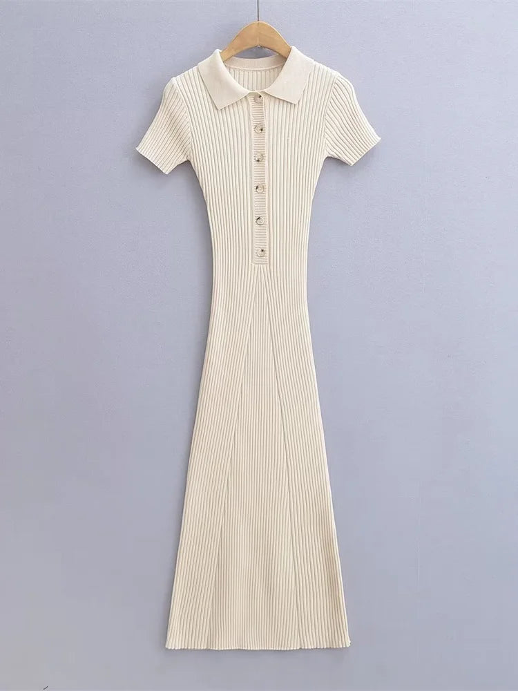 Ribbed High Waist Slim Maxi Dress For Women Knitwear Lapel Casual Elegant Party Dress Gown Fashion Short Sleeve Knit Dress