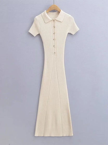 Ribbed High Waist Slim Maxi Dress For Women Knitwear Lapel Casual Elegant Party Dress Gown Fashion Short Sleeve Knit Dress