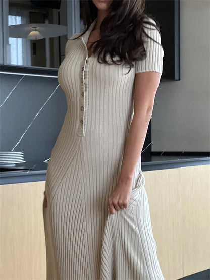 Ribbed High Waist Slim Maxi Dress For Women Knitwear Lapel Casual Elegant Party Dress Gown Fashion Short Sleeve Knit Dress