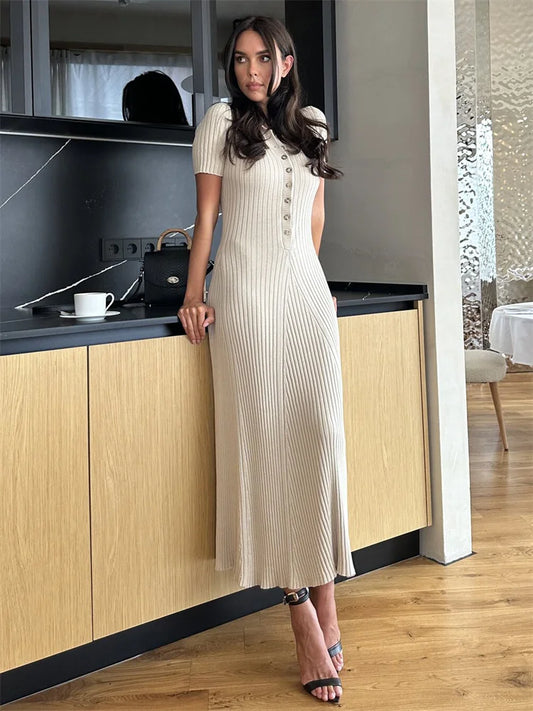 Ribbed High Waist Slim Maxi Dress For Women Knitwear Lapel Casual Elegant Party Dress Gown Fashion Short Sleeve Knit Dress